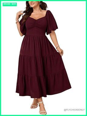 Plus Size Puffy Short Sleeve Sweetheart Smocked Tiered Flowy A Line Maxi Dress